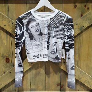 Graphic Long Sleeve Crop Top - Black and White Selena Queen Of Tejano Cumbia NWT